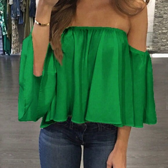 Tops - Green Casual Women's Summer Elegant Off Shoulder Blouse